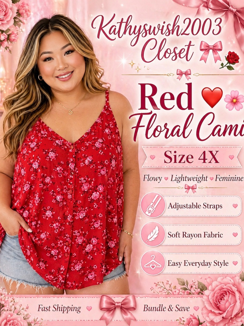 Old Navy 4X Red Cami with Pink Flowers